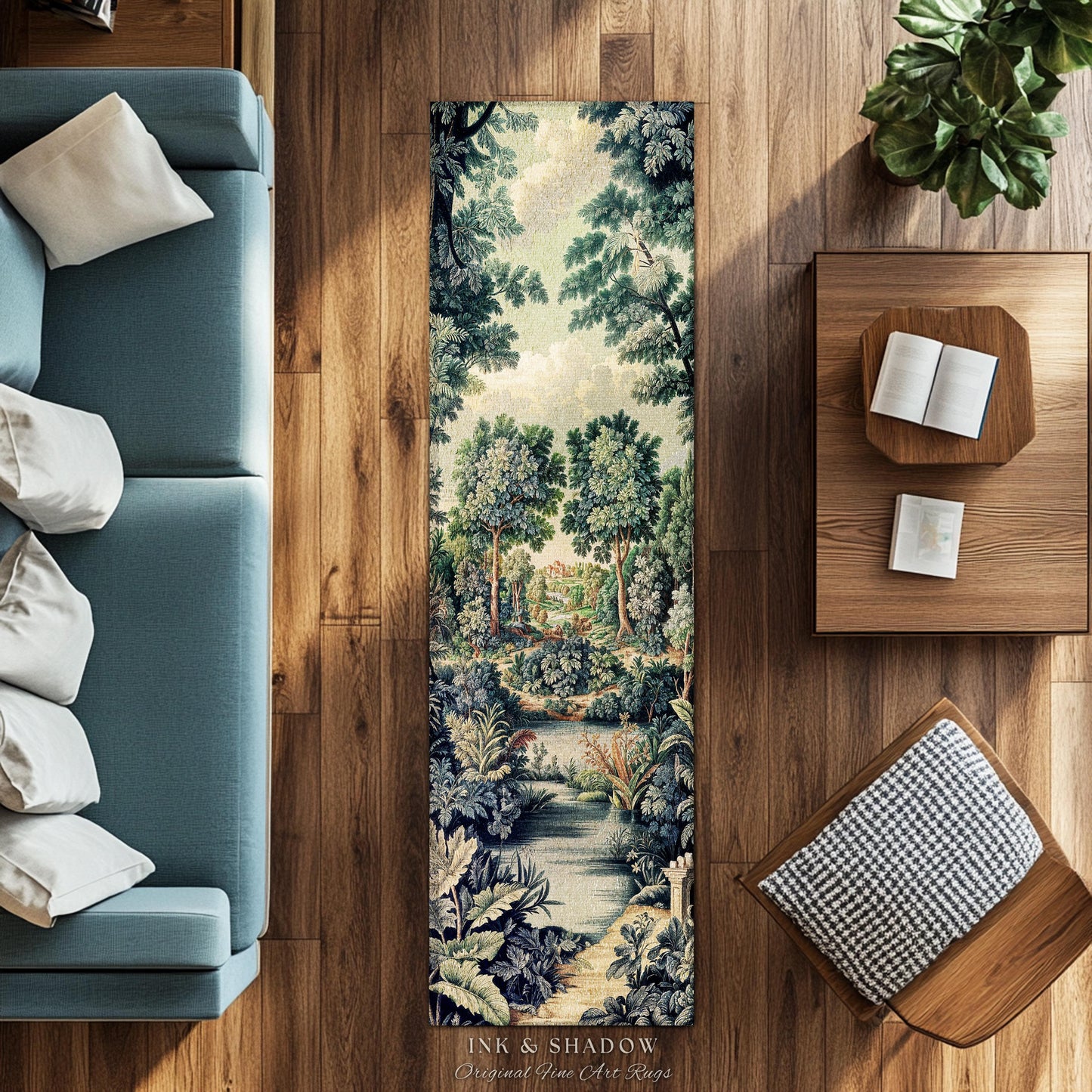 Verdure Landscape Woodland Manor River Valley Rug | Vintage Pastoral Antique Style European Countryside Classic Cottage Floor Art Accent Mat