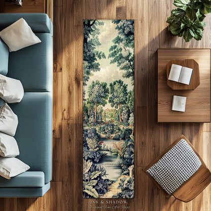Verdure Landscape Woodland Manor River Valley Rug | Vintage Pastoral Antique Style European Countryside Classic Cottage Floor Art Accent Mat