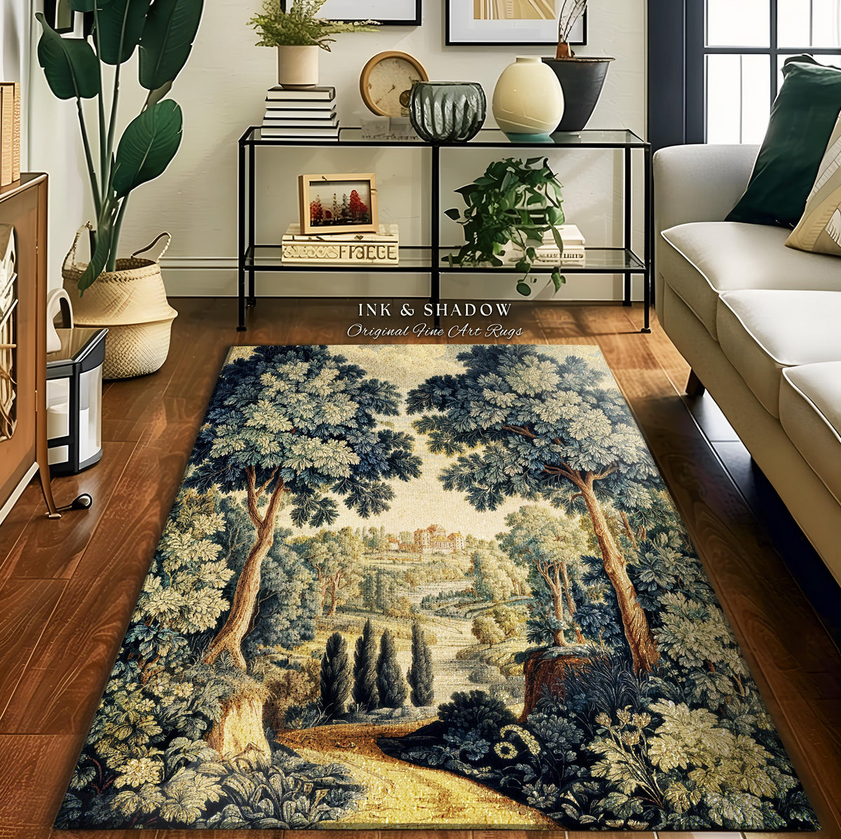Verdure Landscape Woodland Manor River Valley Rug | Vintage Pastoral Antique Style European Countryside Classic Cottage Floor Art Accent Mat