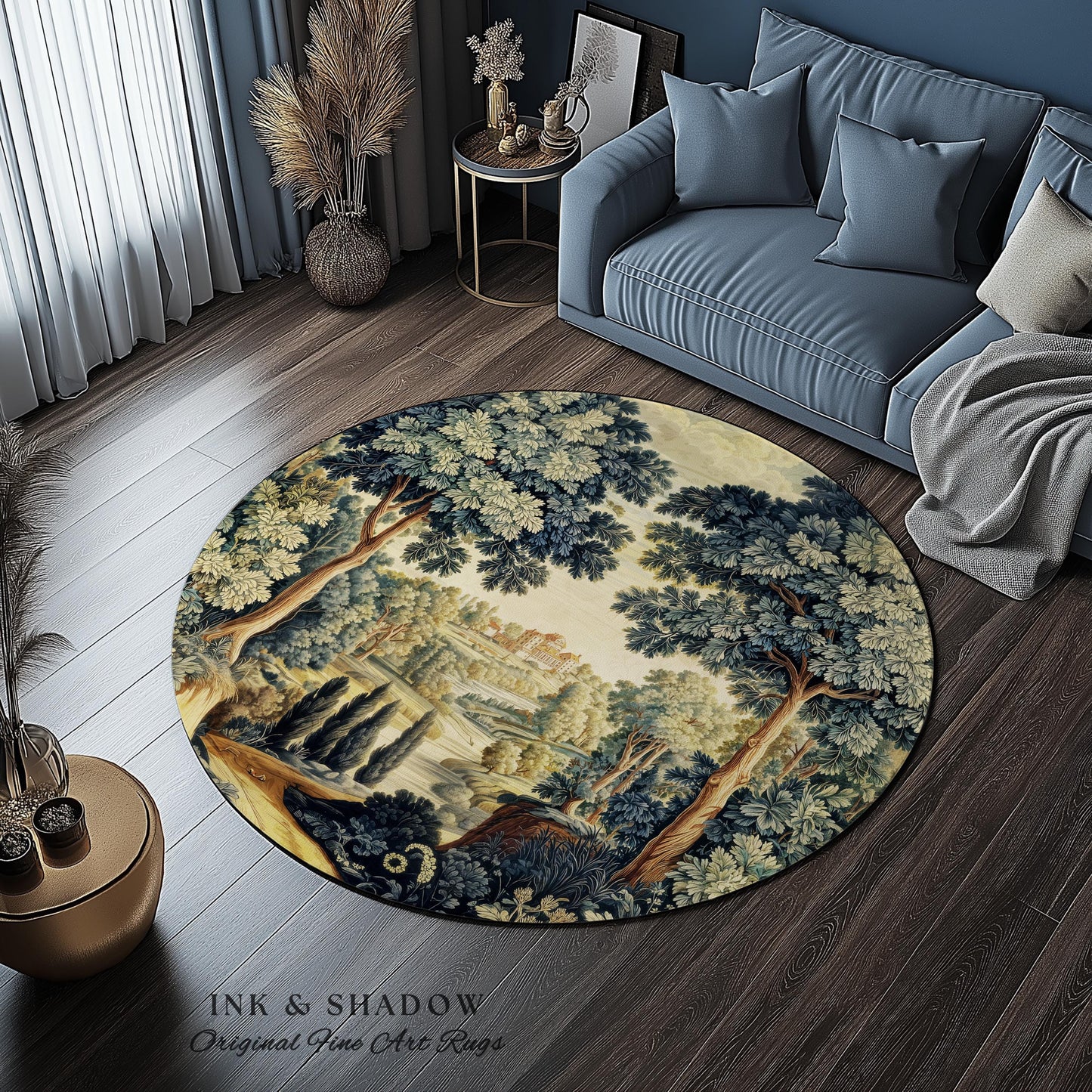 Verdure Landscape Woodland Manor River Valley Rug | Vintage Pastoral Antique Style European Countryside Classic Cottage Floor Art Accent Mat