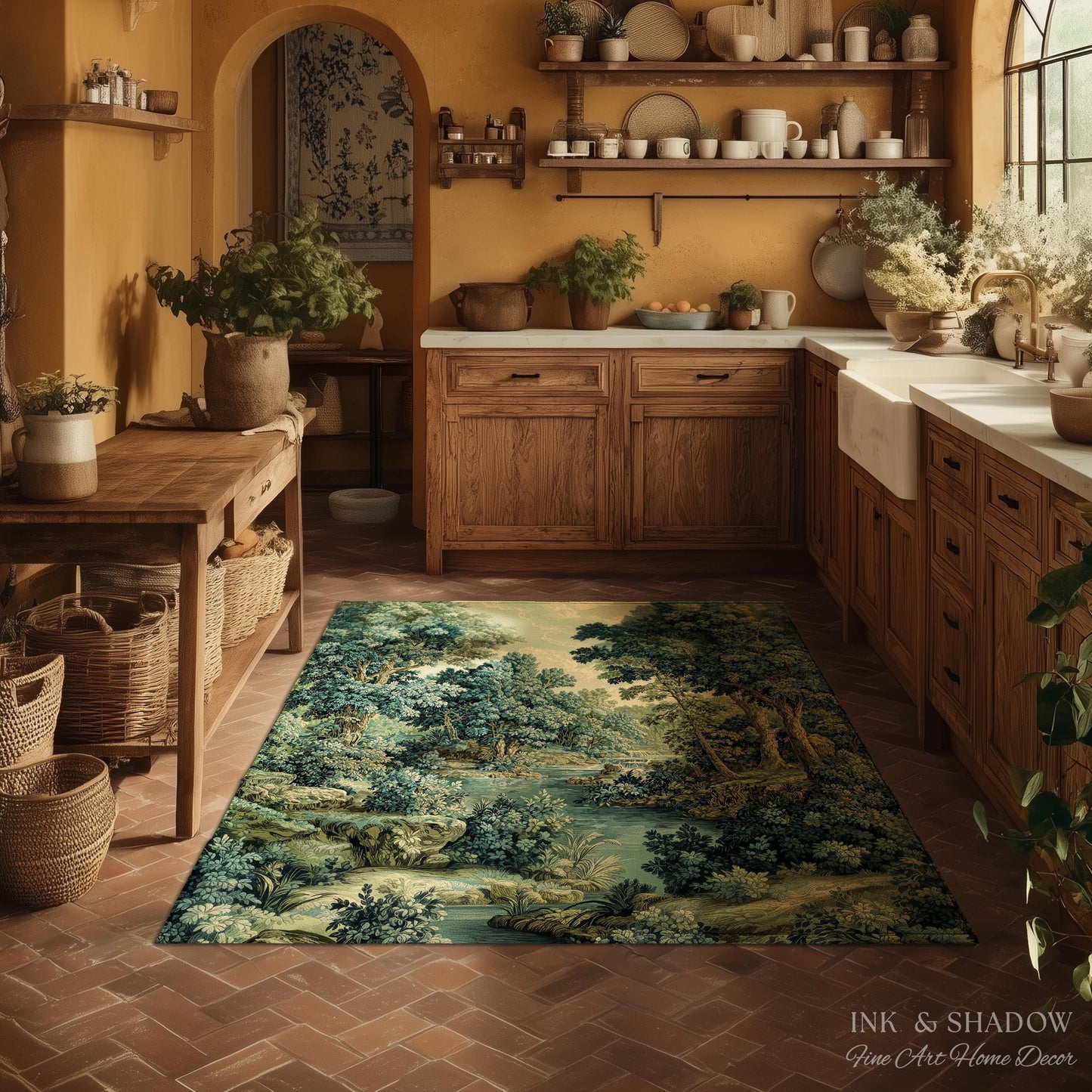 Old World Forest Romantic Woodland River Scene Runner Rug | Rustic Elegance Lush Landscape Hallway Floor Mat Timeless Tranquil Home Decor