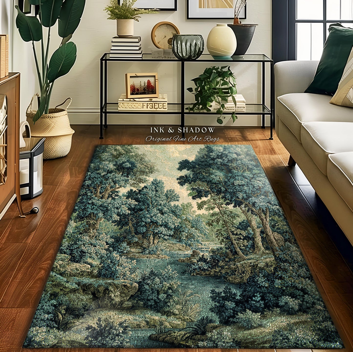 Old World Forest Romantic Woodland River Scene Runner Rug | Rustic Elegance Lush Landscape Hallway Floor Mat Timeless Tranquil Home Decor