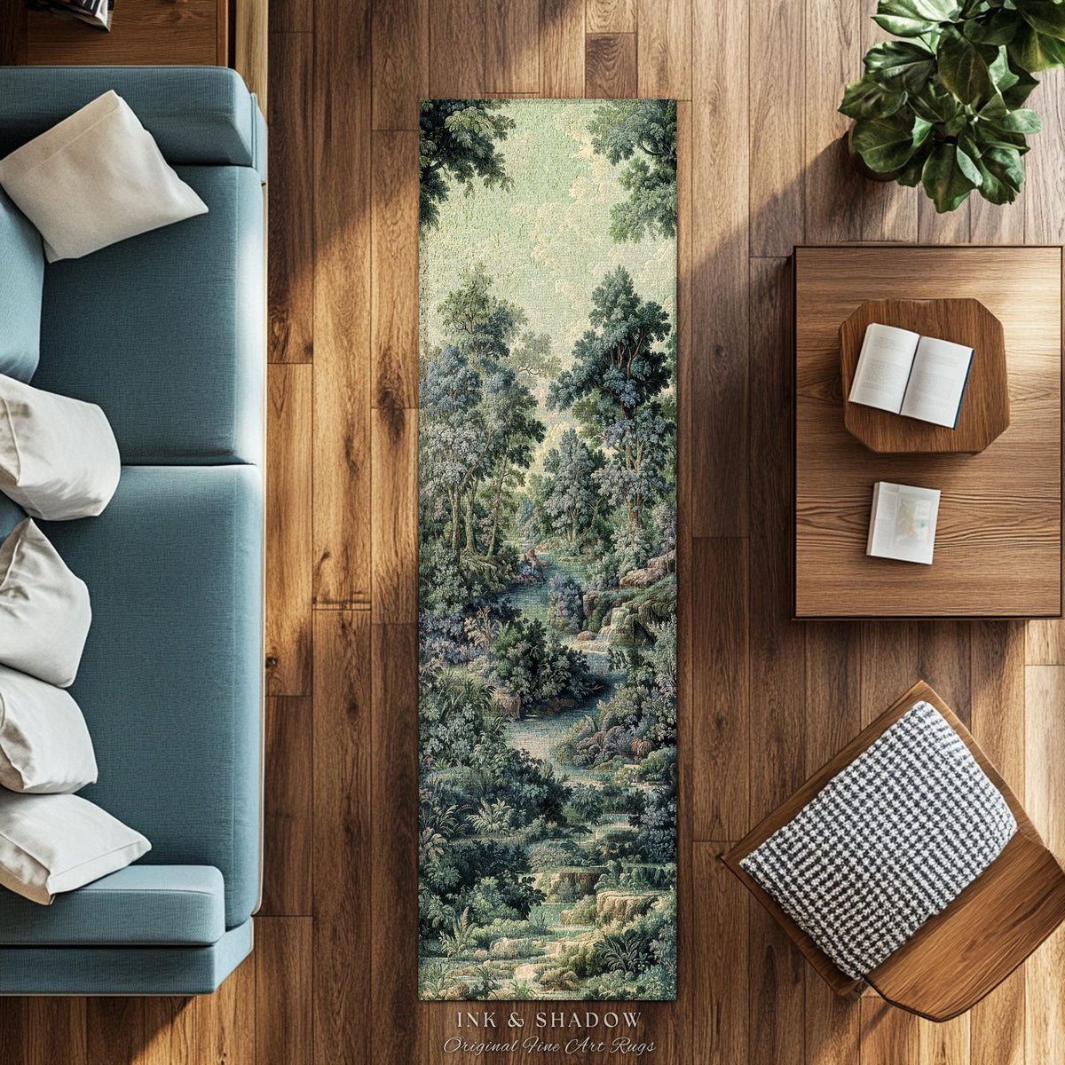 Old World Forest Romantic Woodland River Scene Runner Rug | Rustic Elegance Lush Landscape Hallway Floor Mat Timeless Tranquil Home Decor