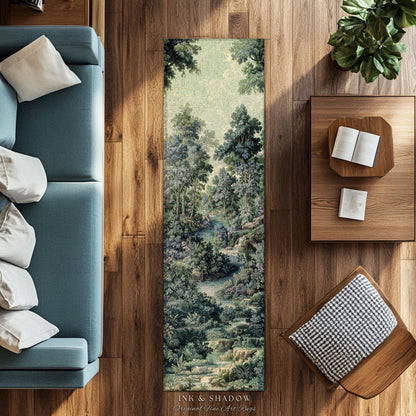 Old World Forest Romantic Woodland River Scene Runner Rug | Rustic Elegance Lush Landscape Hallway Floor Mat Timeless Tranquil Home Decor