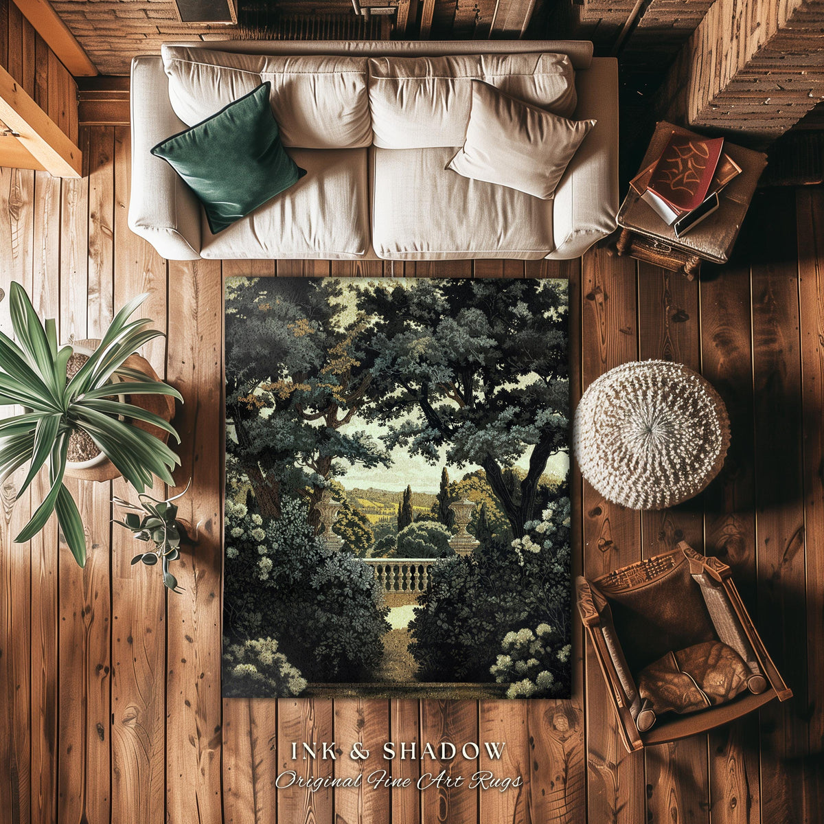 Classical Elegance Verdure Terrace Landscape European Estate Vista Rug | French Chateau Garden Floor Art Mat Traditional Historic Home Decor