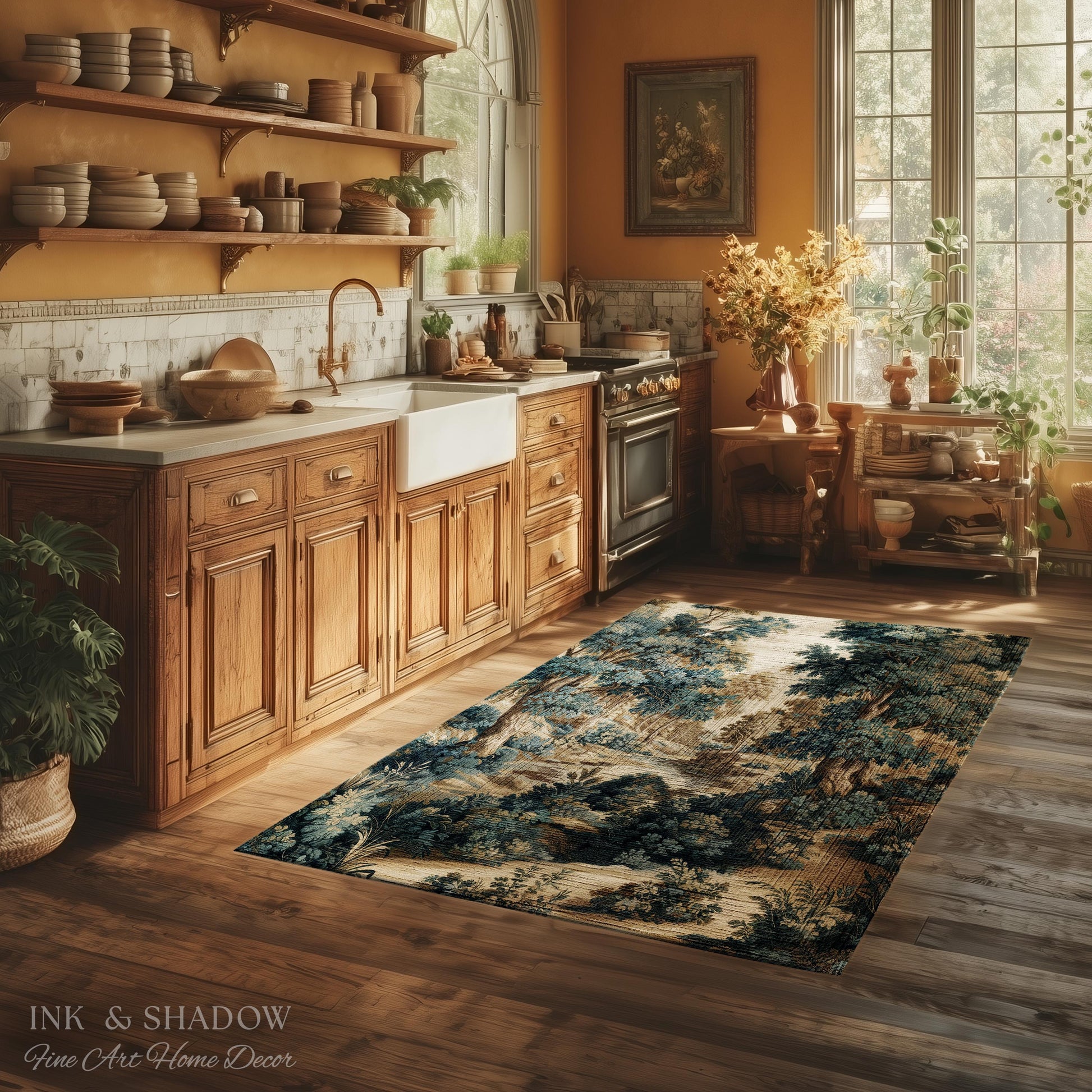 Rustic Landscape Forest River Art Braided Rug | European Vintage Verdure Woodland Forest Decor French Country Style Peaceful Nature Scene