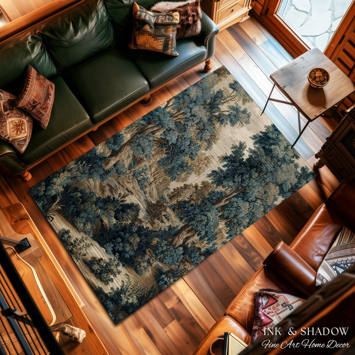Rustic Landscape Forest River Art Braided Rug | European Vintage Verdure Woodland Forest Decor French Country Style Peaceful Nature Scene