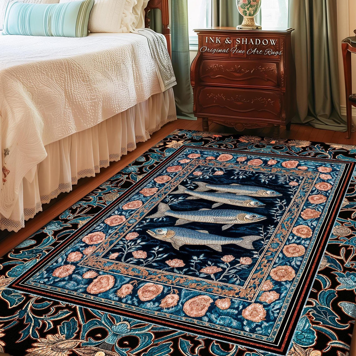 May include: A rectangular area rug with a dark blue background and a floral border. The rug features three stylized fish in the center, surrounded by a floral and leaf design in shades of blue, peach, and green. The text "INK & SHADOW Original Fine Art Rugs" is visible.