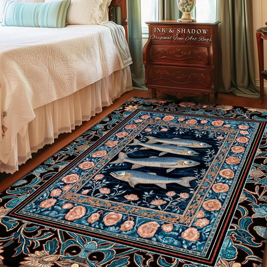 May include: A rectangular area rug with a dark blue background and a floral border. The rug features three stylized fish in the center, surrounded by a floral and leaf design in shades of blue, peach, and green. The text "INK & SHADOW Original Fine Art Rugs" is visible.