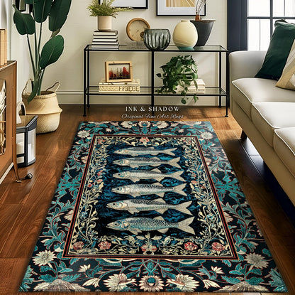 May include: A rectangular area rug with a dark blue background and a floral border. The rug features a central design of six silver fish. The text "INK & SHADOW Original Fine Art Rugs" is printed on the rug.