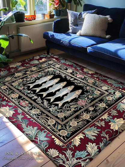 Eclectic Sardine Art Area Rug | Ornate Whimsical Coastal Design Maximalist Marine Art Ocean-Inspired Beach House Bedroom Accent Fish Decor