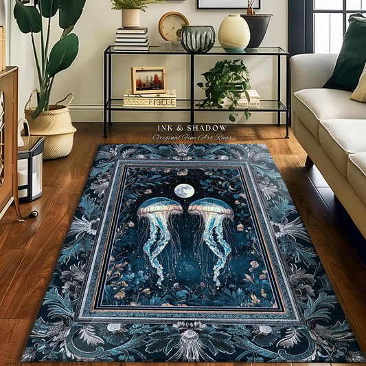 May include: A rectangular area rug with a dark blue and teal floral design, featuring two jellyfish and a full moon in the center. The rug has a decorative border and the text "INK & SHADOW Original Fine Art Rugs".