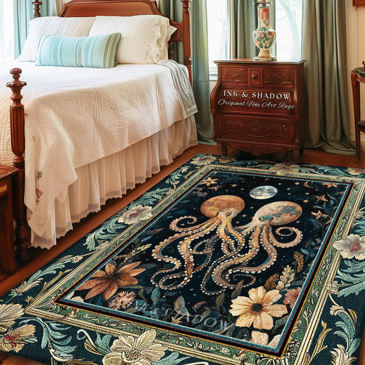 May include: A rectangular area rug with a dark blue background featuring two octopuses, a full moon, and stars. The rug has a floral border with cream and green accents. The text "INK & SHADOW Original Fine Art Rugs" is visible.