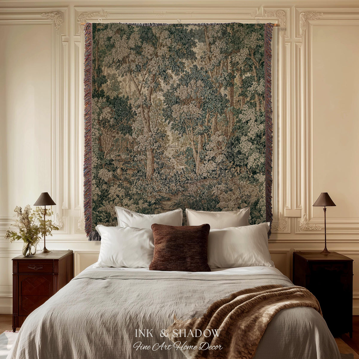 Pastoral Woodland Scene Forest Vertical Wall Hanging Jacquard Tapestry, European Verdure French Country Style Romantic Landscape Woven Throw