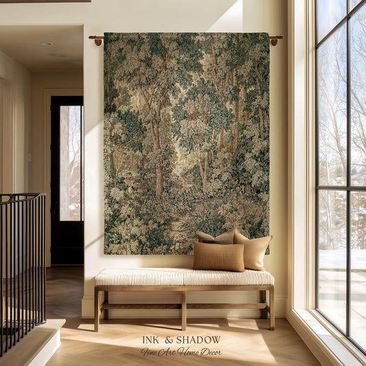Pastoral Woodland Scene Forest Vertical Wall Hanging Jacquard Tapestry, European Verdure French Country Style Romantic Landscape Woven Throw