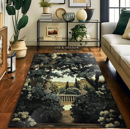 Classical Elegance Verdure Terrace Landscape European Estate Vista Rug | French Chateau Garden Floor Art Mat Traditional Historic Home Decor