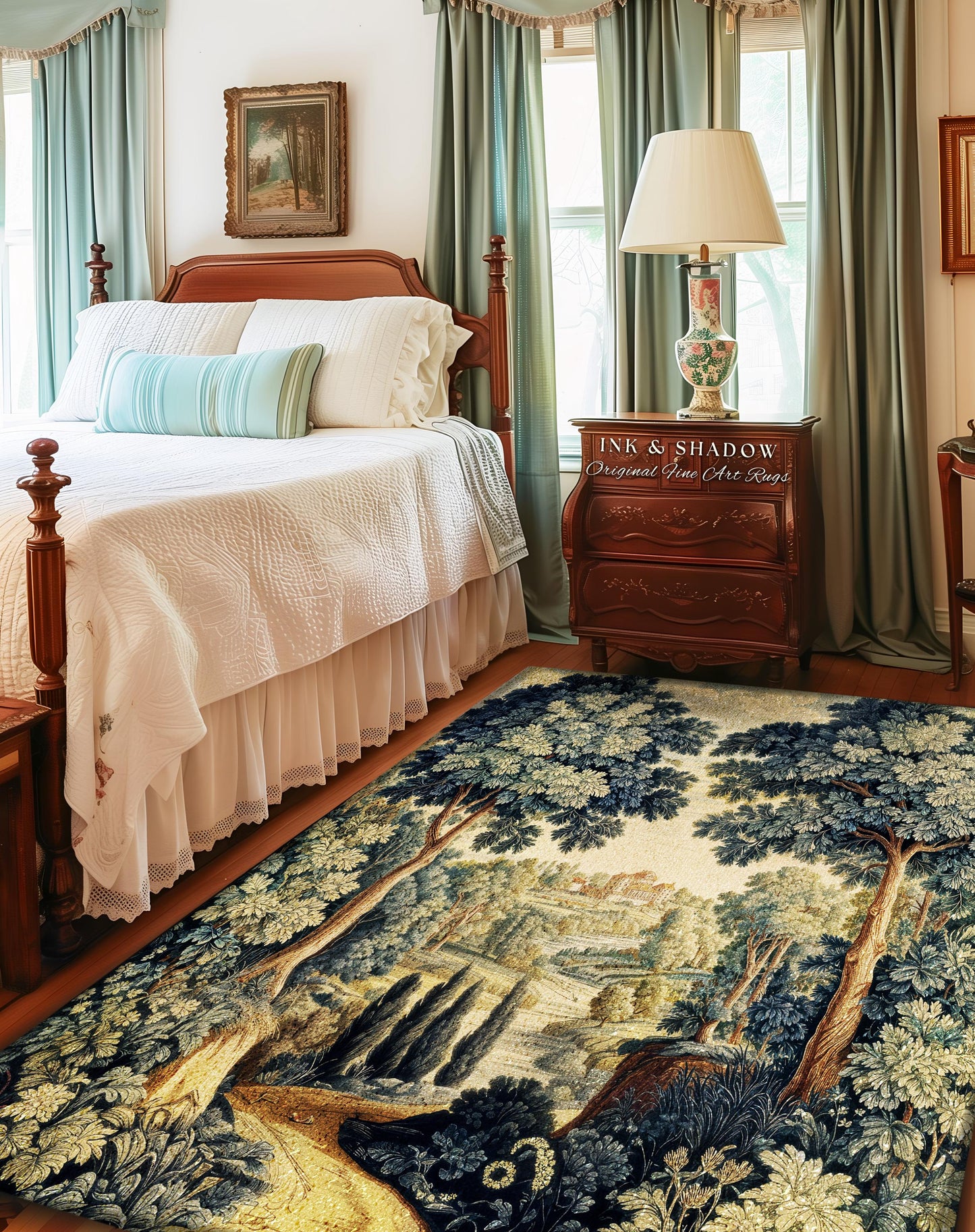 Verdure Landscape Woodland Manor River Valley Rug | Vintage Pastoral Antique Style European Countryside Classic Cottage Floor Art Accent Mat