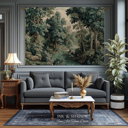 Old World Forest Romantic Woodland River Scene Tapestry | Rustic Elegance Lush Landscape Woven Throw Wall Art Timeless Tranquil Home Decor