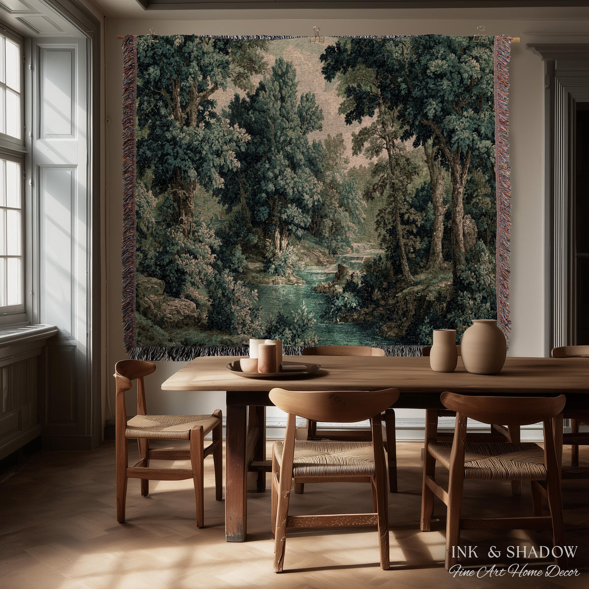 Old World Forest Romantic Woodland River Scene Tapestry | Rustic Elegance Lush Landscape Woven Throw Wall Art Timeless Tranquil Home Decor