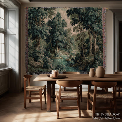 Old World Forest Romantic Woodland River Scene Tapestry | Rustic Elegance Lush Landscape Woven Throw Wall Art Timeless Tranquil Home Decor