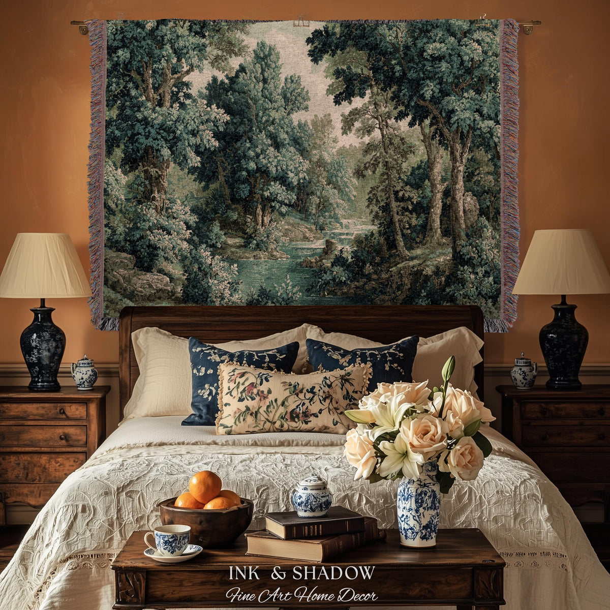 Old World Forest Romantic Woodland River Scene Tapestry | Rustic Elegance Lush Landscape Woven Throw Wall Art Timeless Tranquil Home Decor