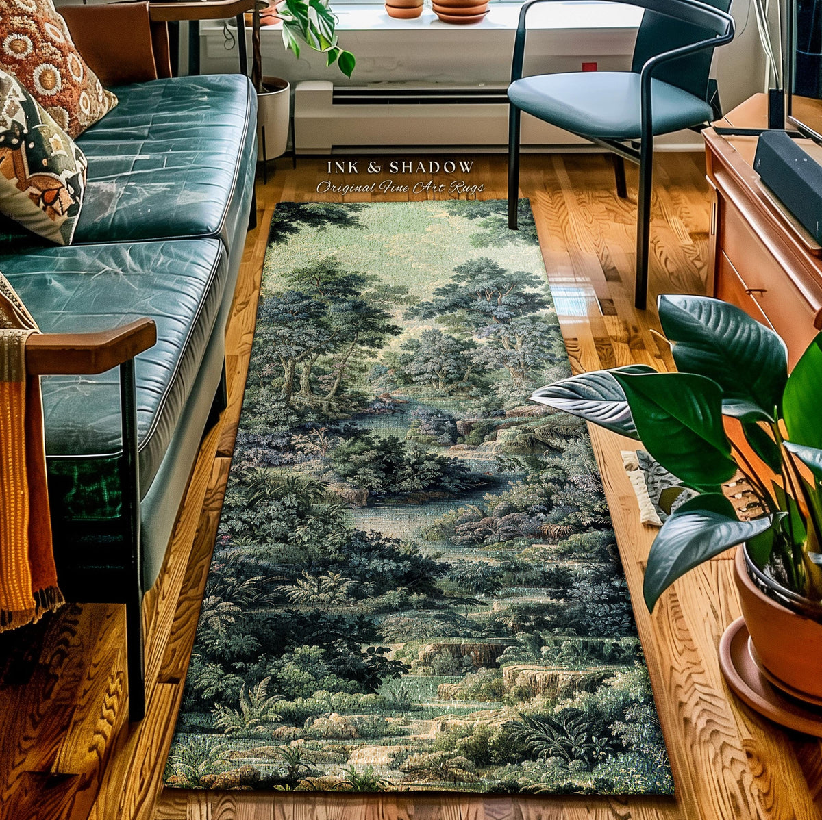 Old World Forest Romantic Woodland River Scene Runner Rug | Rustic Elegance Lush Landscape Hallway Floor Mat Timeless Tranquil Home Decor