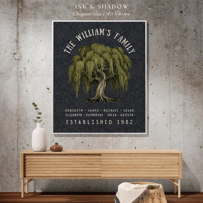 May include: A framed family tree art print featuring a weeping willow illustration. The text reads "THE WILLIAM'S FAMILY" above a list of names and "ESTABLISHED 1982". The artwork is displayed on a gray wall above a wooden cabinet.
