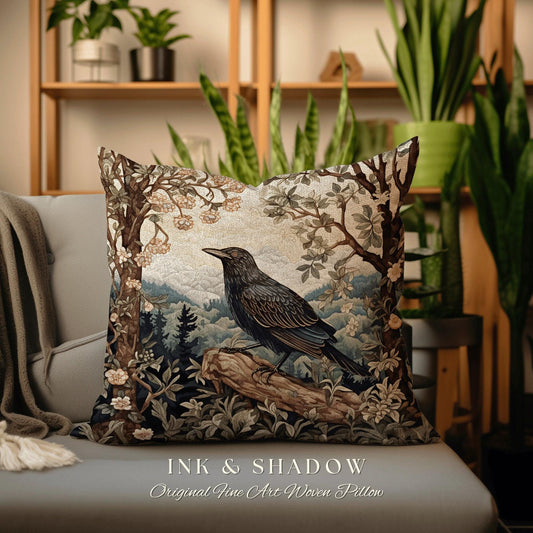 Crow Pillow Woven Landscape | Whimsy Aesthetic Rustic Woodland Boho Cottagecore Decor Crowcore Bedroom Ravrn Pillow Botanical Bedroom |