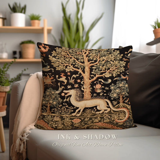 May include: A decorative throw pillow with a woven tapestry design featuring a white dragon, a tree, and floral patterns on a black background. The pillow reads "INK & SHADOW Original Fine Art Woven Pillow".