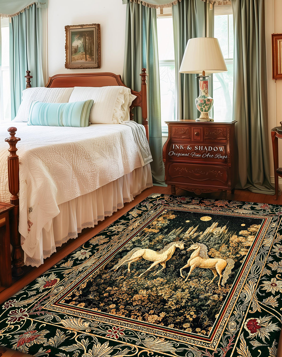 May include: A rectangular area rug with a black background and a detailed design featuring two white unicorns facing each other. The rug has a floral border with red and gold accents. The text "INK & SHADOW Original Fine Art Rugs" is visible on a wooden nightstand.