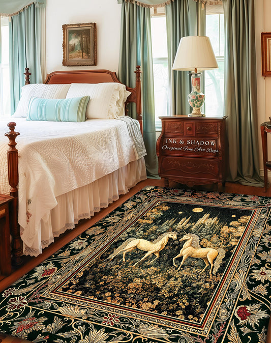 May include: A rectangular area rug with a black background and a detailed design featuring two white unicorns facing each other. The rug has a floral border with red and gold accents. The text "INK & SHADOW Original Fine Art Rugs" is visible on a wooden nightstand.