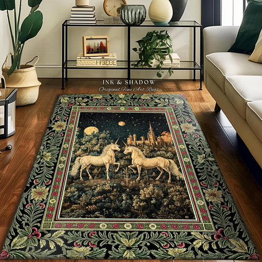 May include: A rectangular rug with a detailed illustration of two unicorns facing each other in a forest under a starry night sky. The rug has a black border with floral and leaf patterns, and the text "INK & SHADOW Original Fine Art Rugs" is visible.