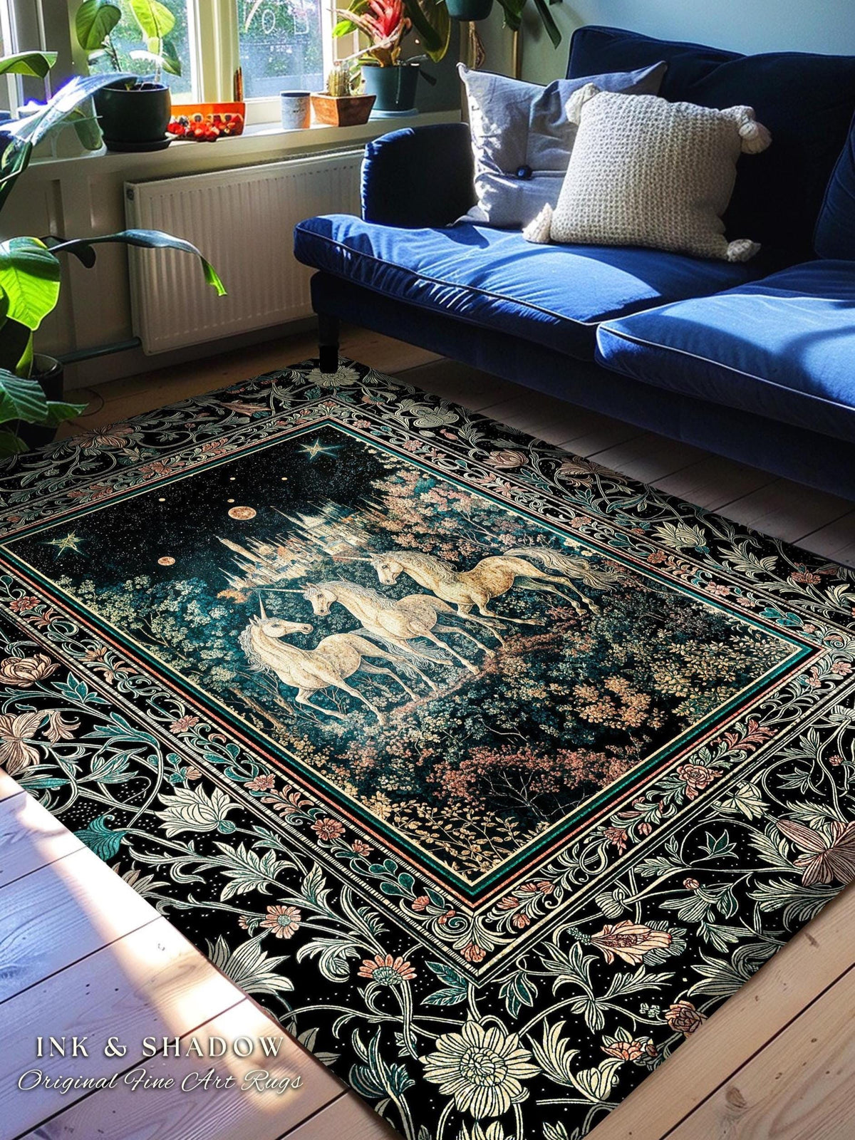 Mystic Academia Unicorn Area Rug | Dark Victorian Gothic Floral Landscape Magical Elegance Aesthetic Accent Rug Storybook Fairytale Artwork