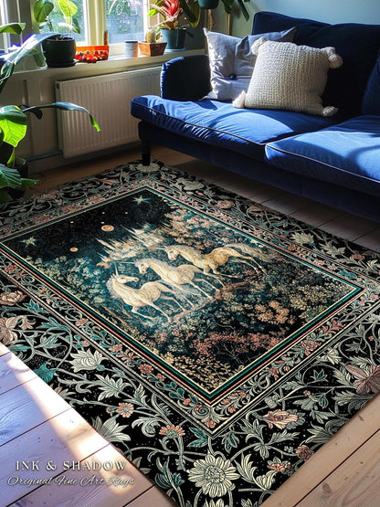 Mystic Academia Unicorn Area Rug | Dark Victorian Gothic Floral Landscape Magical Elegance Aesthetic Accent Rug Storybook Fairytale Artwork