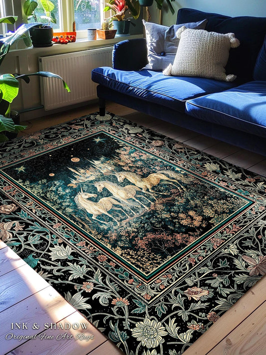 Mystic Academia Unicorn Area Rug | Dark Victorian Gothic Floral Landscape Magical Elegance Aesthetic Accent Rug Storybook Fairytale Artwork