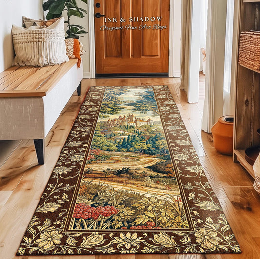 May include: A rectangular runner rug with a detailed landscape scene and floral border. The central image depicts a castle and surrounding trees, with a brown and gold floral border. The rug is placed on a wooden floor.