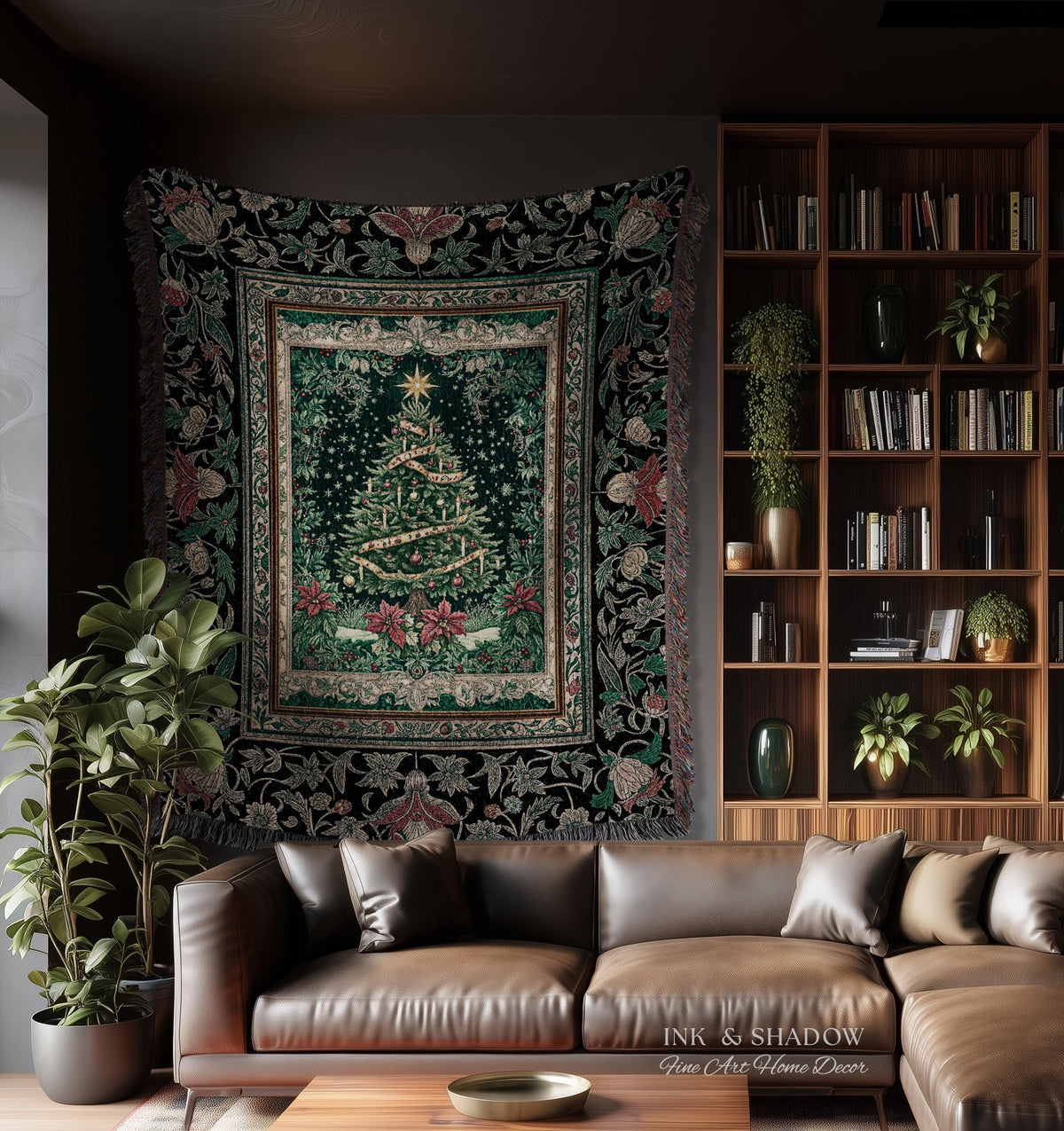Poinsettia Christmas Tree Wall Tapestry | Jacquard Woven Holiday Cheer Decor Old World Yuletide Blanket Classic Festive Winter Home Accent