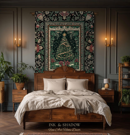 Poinsettia Christmas Tree Wall Tapestry | Jacquard Woven Holiday Cheer Decor Old World Yuletide Blanket Classic Festive Winter Home Accent