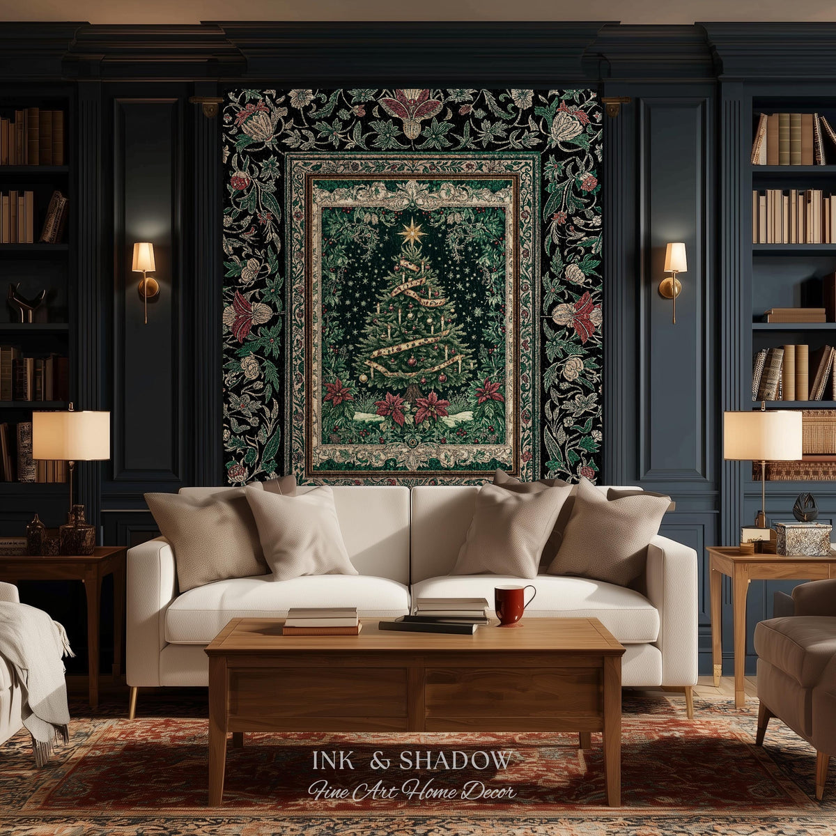 Poinsettia Christmas Tree Wall Tapestry | Jacquard Woven Holiday Cheer Decor Old World Yuletide Blanket Classic Festive Winter Home Accent