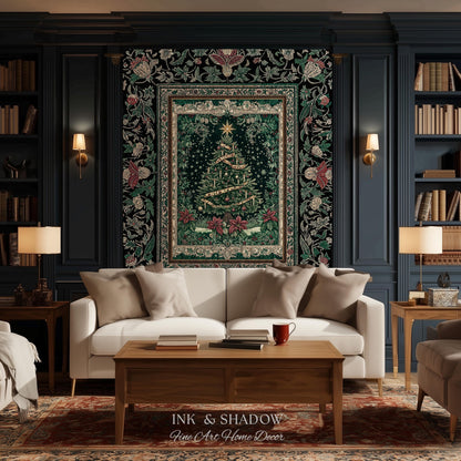 Poinsettia Christmas Tree Wall Tapestry | Jacquard Woven Holiday Cheer Decor Old World Yuletide Blanket Classic Festive Winter Home Accent