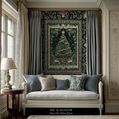 Poinsettia Christmas Tree Wall Tapestry | Jacquard Woven Holiday Cheer Decor Old World Yuletide Blanket Classic Festive Winter Home Accent