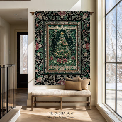 Poinsettia Christmas Tree Wall Tapestry | Jacquard Woven Holiday Cheer Decor Old World Yuletide Blanket Classic Festive Winter Home Accent