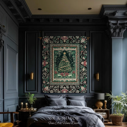Poinsettia Christmas Tree Wall Tapestry | Jacquard Woven Holiday Cheer Decor Old World Yuletide Blanket Classic Festive Winter Home Accent