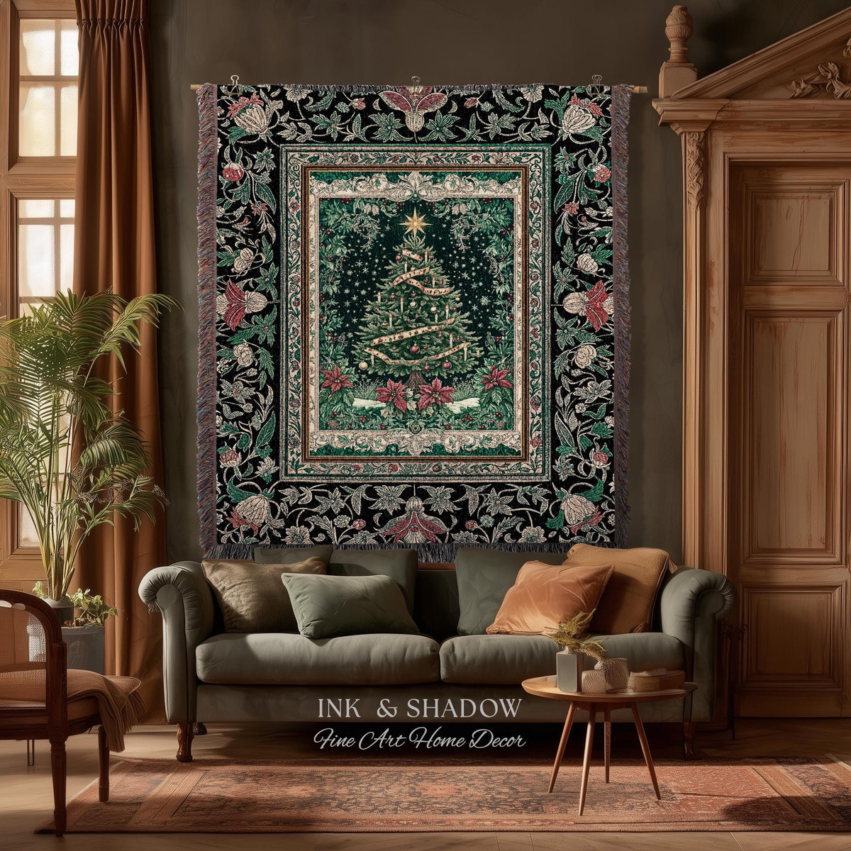 Poinsettia Christmas Tree Wall Tapestry | Jacquard Woven Holiday Cheer Decor Old World Yuletide Blanket Classic Festive Winter Home Accent