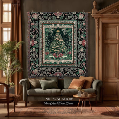 Poinsettia Christmas Tree Wall Tapestry | Jacquard Woven Holiday Cheer Decor Old World Yuletide Blanket Classic Festive Winter Home Accent