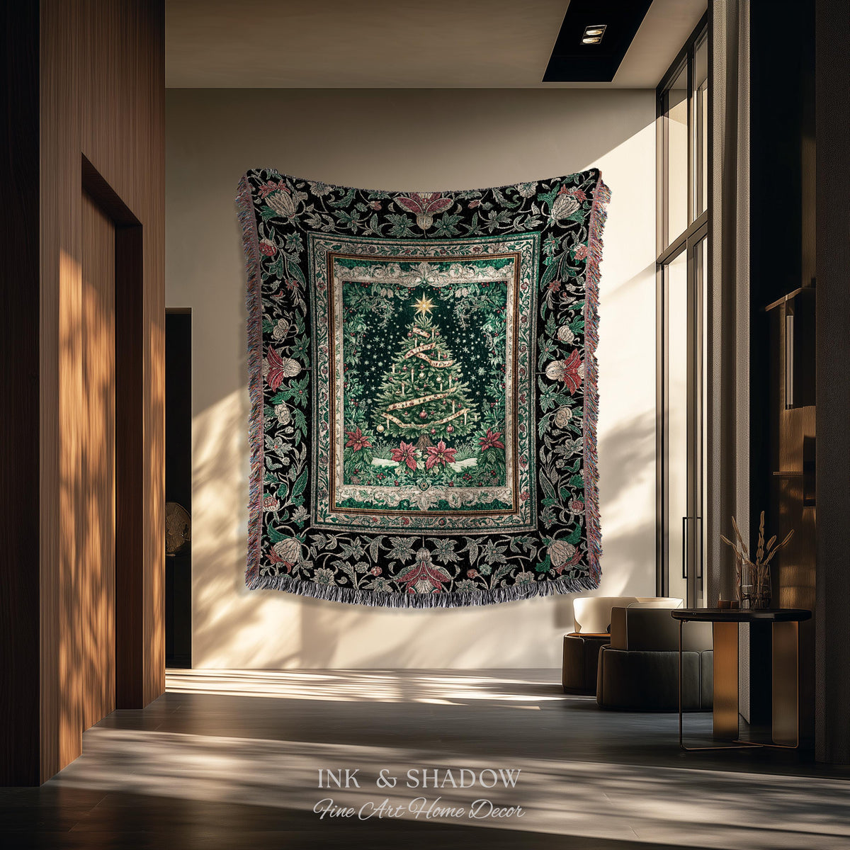 Poinsettia Christmas Tree Wall Tapestry | Jacquard Woven Holiday Cheer Decor Old World Yuletide Blanket Classic Festive Winter Home Accent