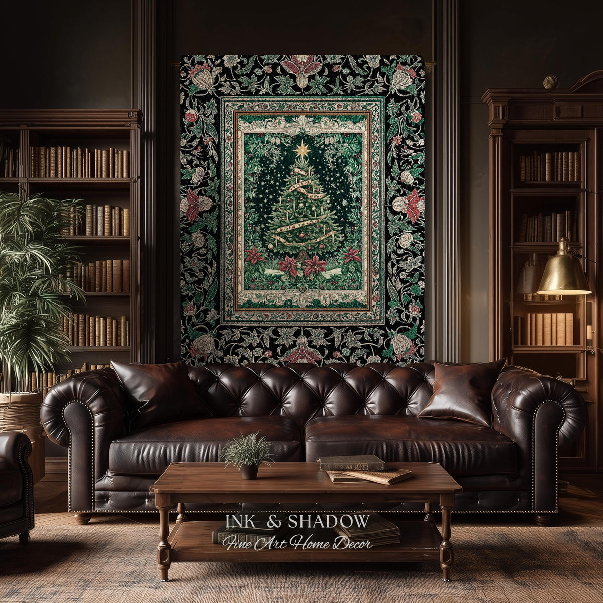 Poinsettia Christmas Tree Wall Tapestry | Jacquard Woven Holiday Cheer Decor Old World Yuletide Blanket Classic Festive Winter Home Accent