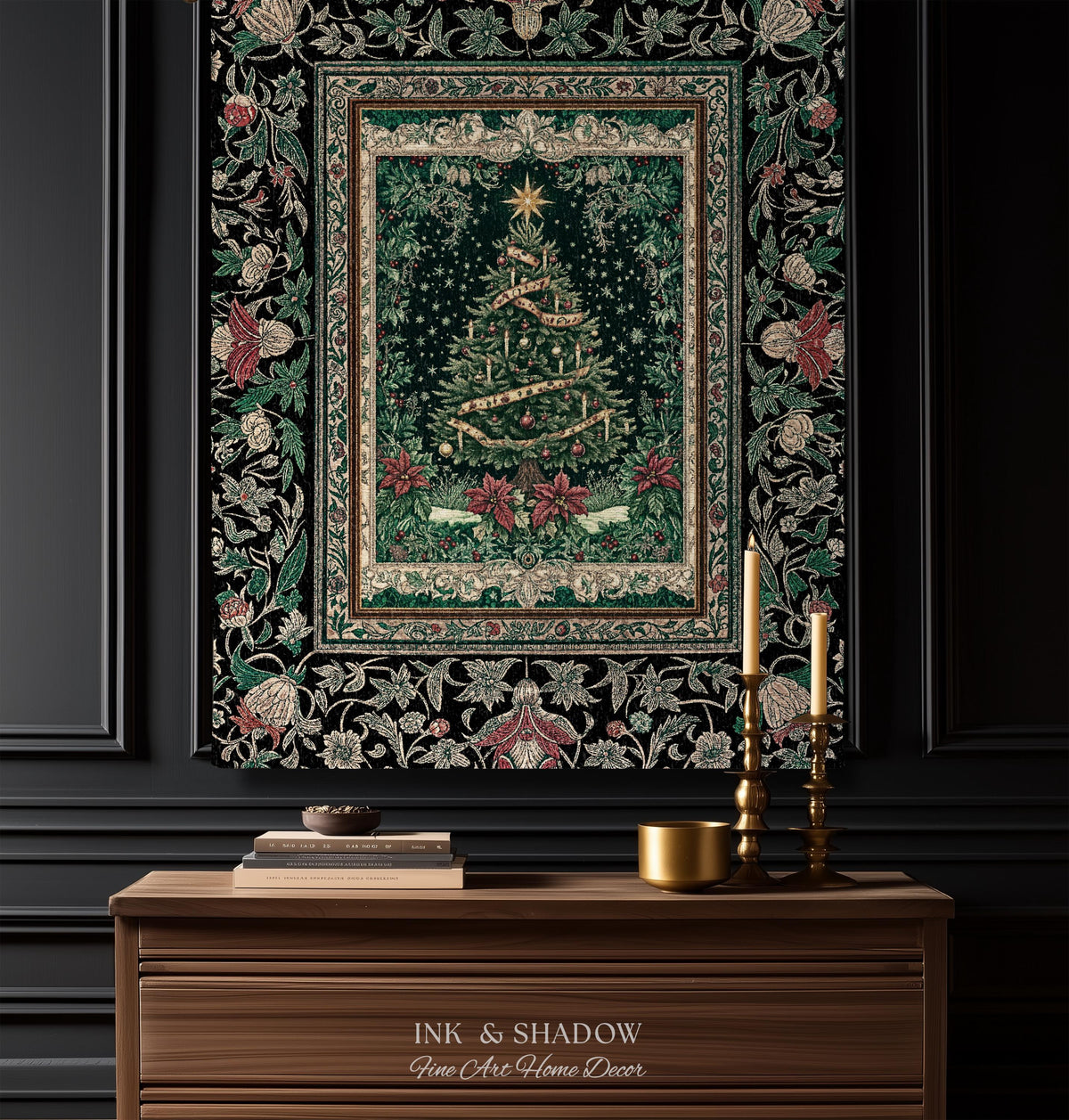 Poinsettia Christmas Tree Wall Tapestry | Jacquard Woven Holiday Cheer Decor Old World Yuletide Blanket Classic Festive Winter Home Accent